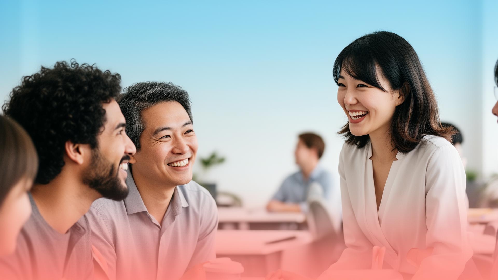 Brasileiros e professora japonesa conversando em ambiente educacional